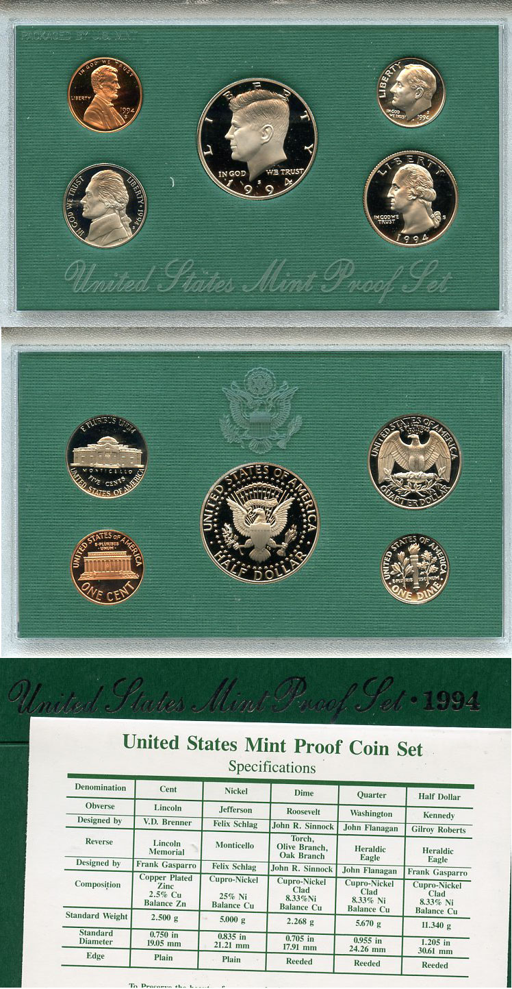 США официальный набор из 5 монет, в пластике 1994 S, Джон Кеннеди, в твердом пластике KM PS 177   PROOF  8-2-03-11