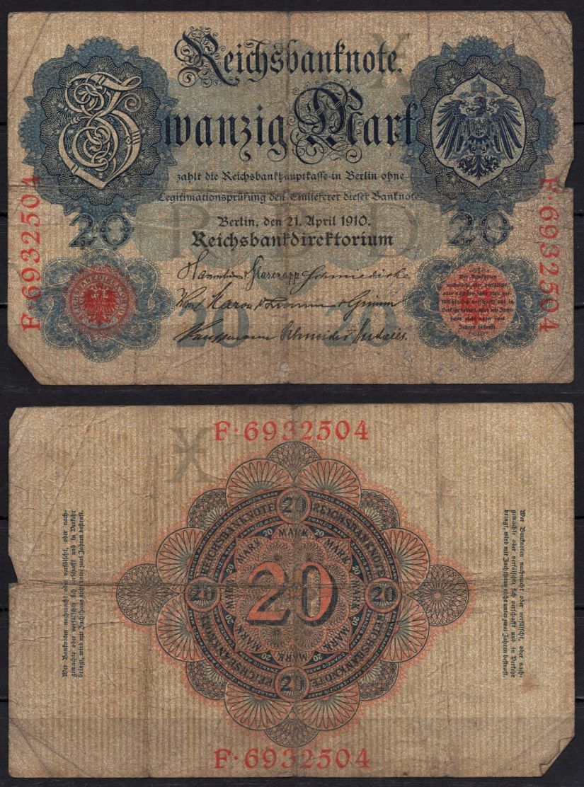Германия 20 марок 1910 Pick 40 b бумага 6293-56-3-2