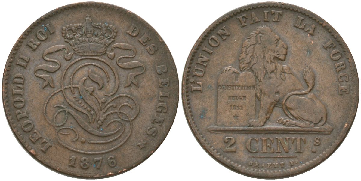 Бельгия 2 сантима 1876 Belges, Леопольд II (1865-1909) KM 35 медь 4621-645