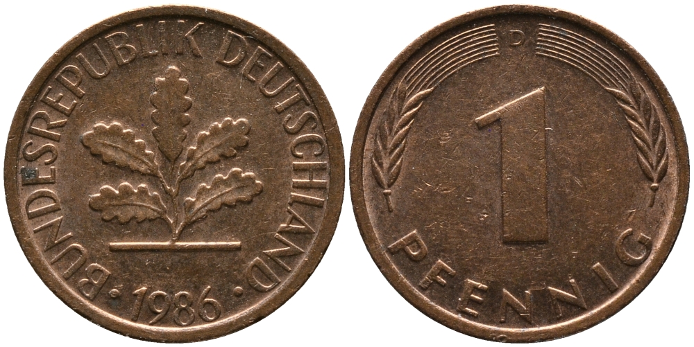 ФРГ 1 ПФЕННИГ 1986 D KM 105, J.380 сталь плакированная медью 96-1122