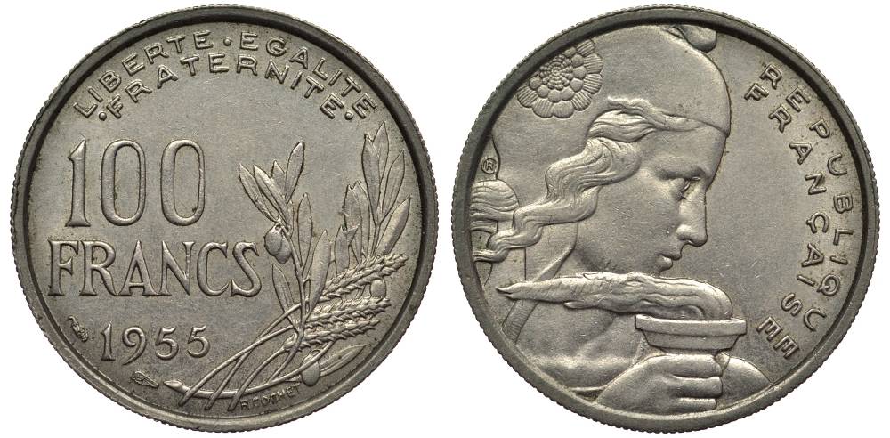 ФРАНЦИЯ 100 ФРАНКОВ 1955 ТИП COCHET KM 919.1, LE FRANC 450.4 медно-никель 27-754