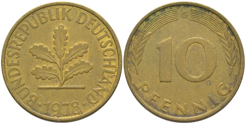 ФРГ 10 ПФЕННИГОВ 1978 G KM 108, J. 383 сталь плакированная латунью 175-745
