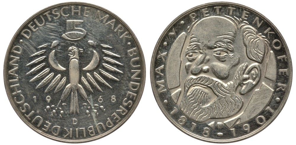 ФРГ 5 марок 1968 D, 150 лет со дня рождения Макса фон Петтенкофера J. 398, KM 123.1 серебро PROOF 413-3621