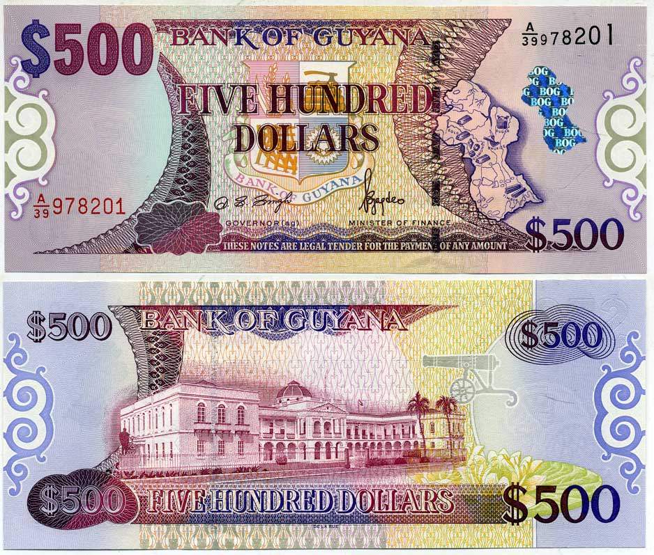 Гайана 500 долларов 2002 подпись 11, здание Национальной ассамблеи Pick 34а бумага UNC (пресс) 6289-5-2-2