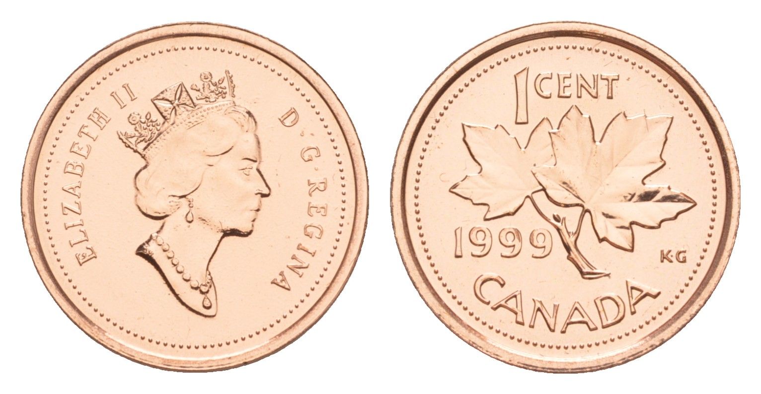 Канада 1 цент 1999 Елизавета II (1952-2022), кленовый лист KM 289 цинк плакированный бронзом UNC 4639-415