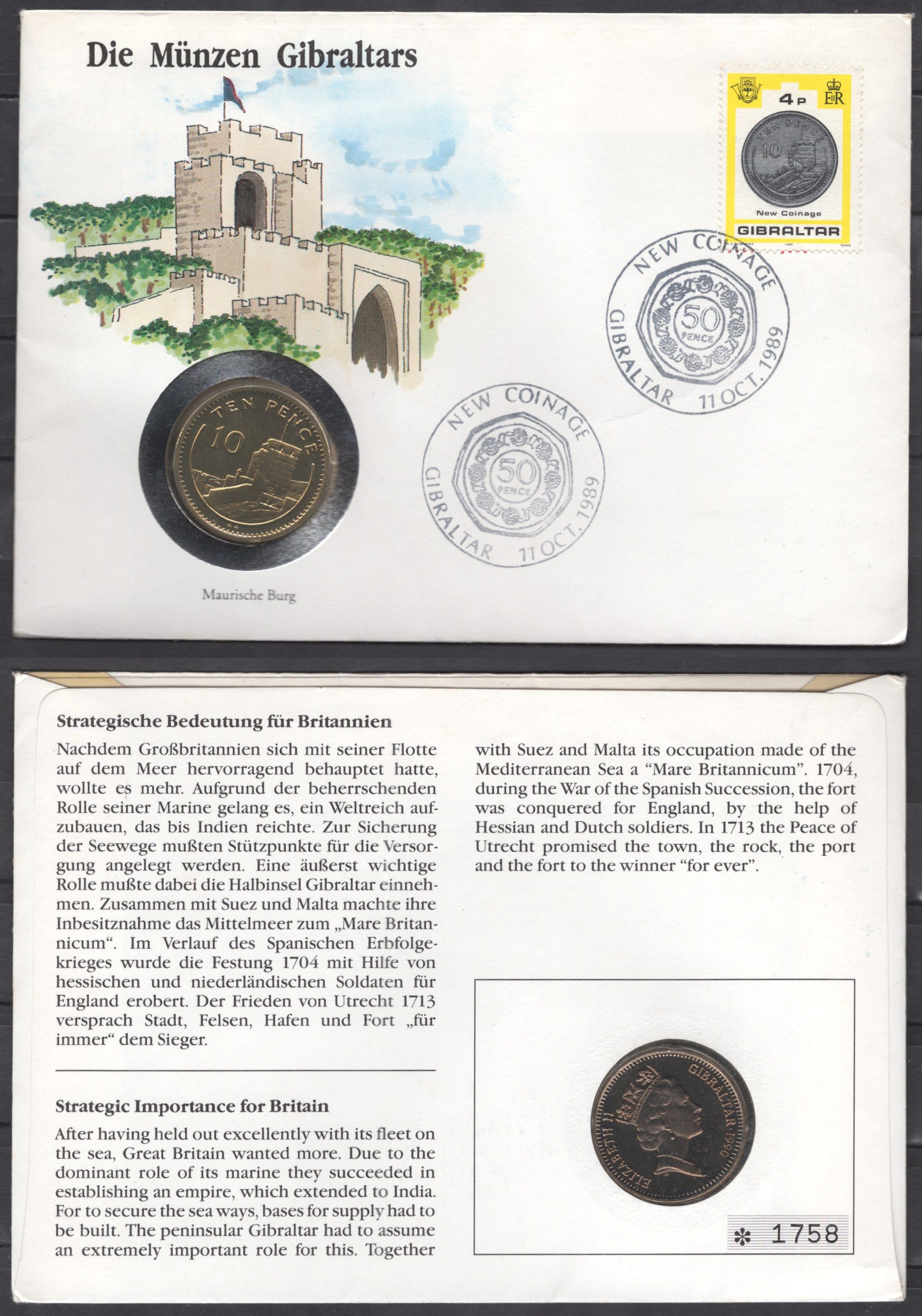 Гибралтар 10 пенсов 1990 в конверте с маркой (КПД - Конверт первого дня Гашения) KM 23.1 медно-никель UNC 9001-83