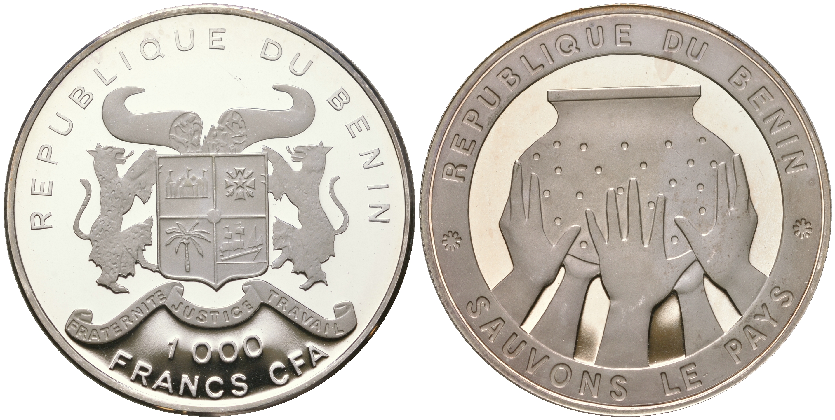 Бенин 1000 франков 1992 спасите страну, пять рук держат сосуд KM 1 серебро  PROOF  11-143-24