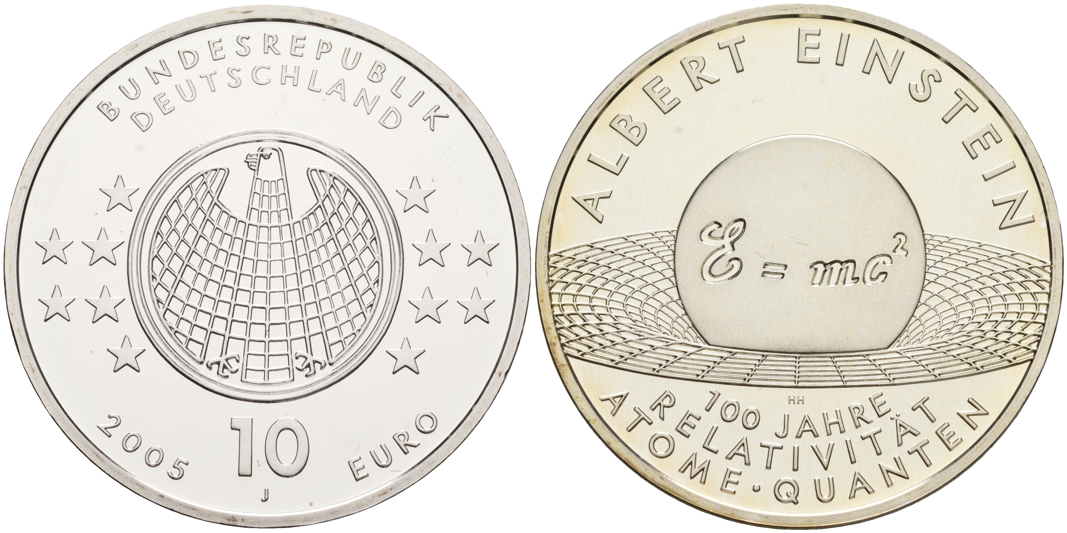 ФРГ 10 евро 2005 J, Альберт Эйнштейн, формула, 100 лет теории относительности KM 238, DE.S. 10.21 серебро PROOF 1076-3-51