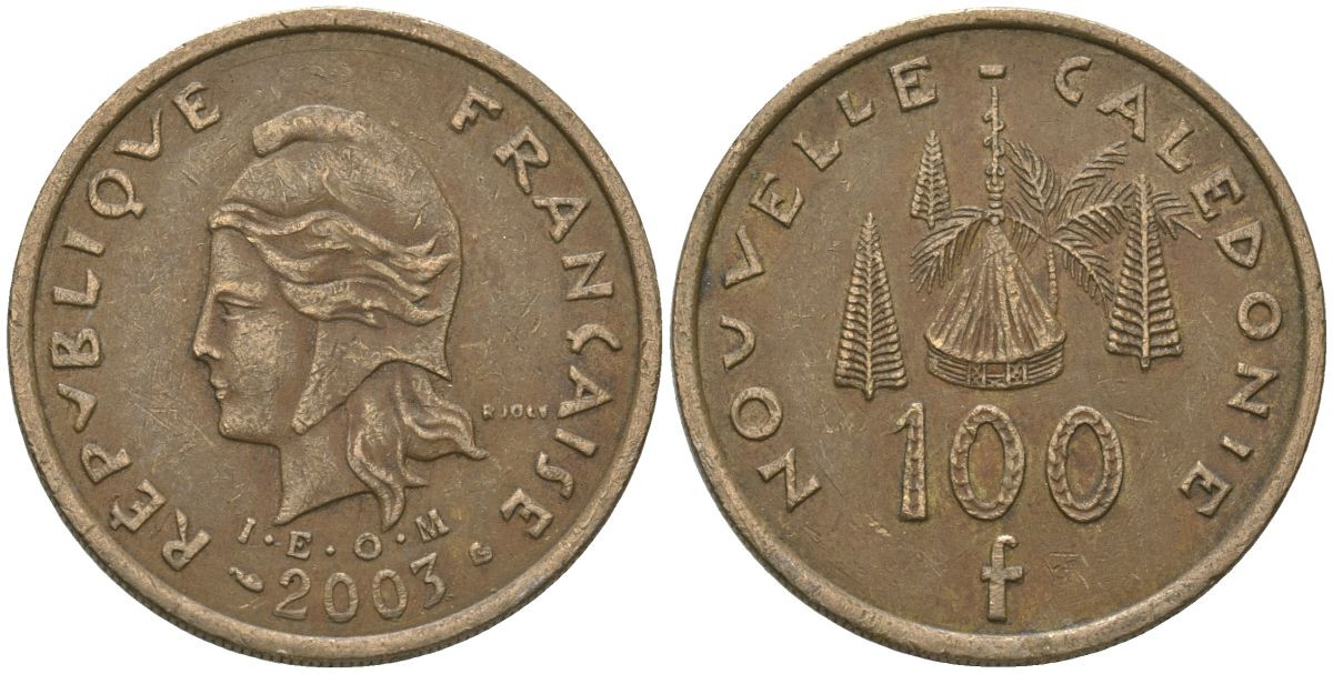 Французская Новая Каледония 100 франков 2003 хижина среди сосен и пальм, (IEOM) KM 15, Schoen 16, Lec 139g никель бронза 109-1034