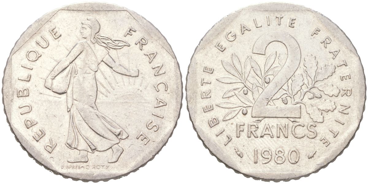 Франция 2 франка 1980 сеятель KM 942.1, Le Franc 272.4 никель 4156-213