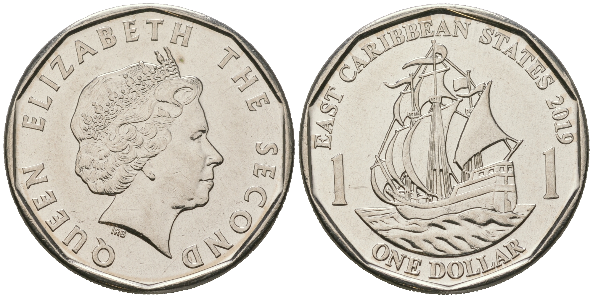Восточно-Карибские штаты 1 доллар 2019 Елизавета II (1952-2022), парусник KM 39 a никелированная сталь  UNC  M60-10