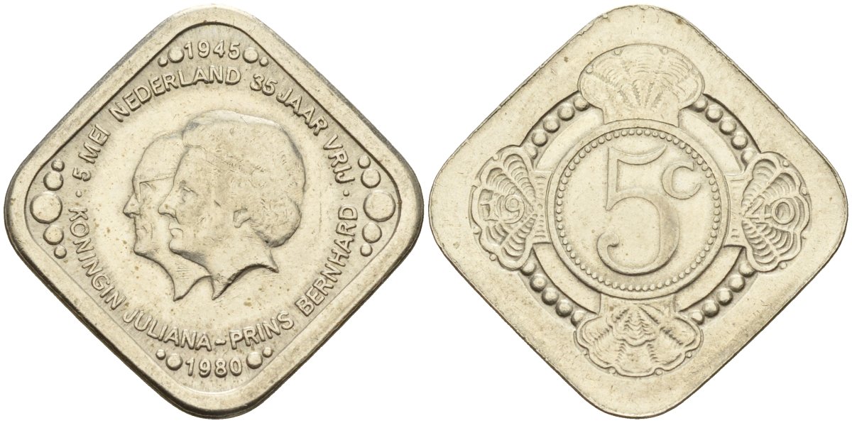Нидерланды 5 центов 1980 35 лет освобождению Нидерландов от фашистских захватчиков /Юлиана и Бернард/ UC 301 медь цинк никель 4141-134