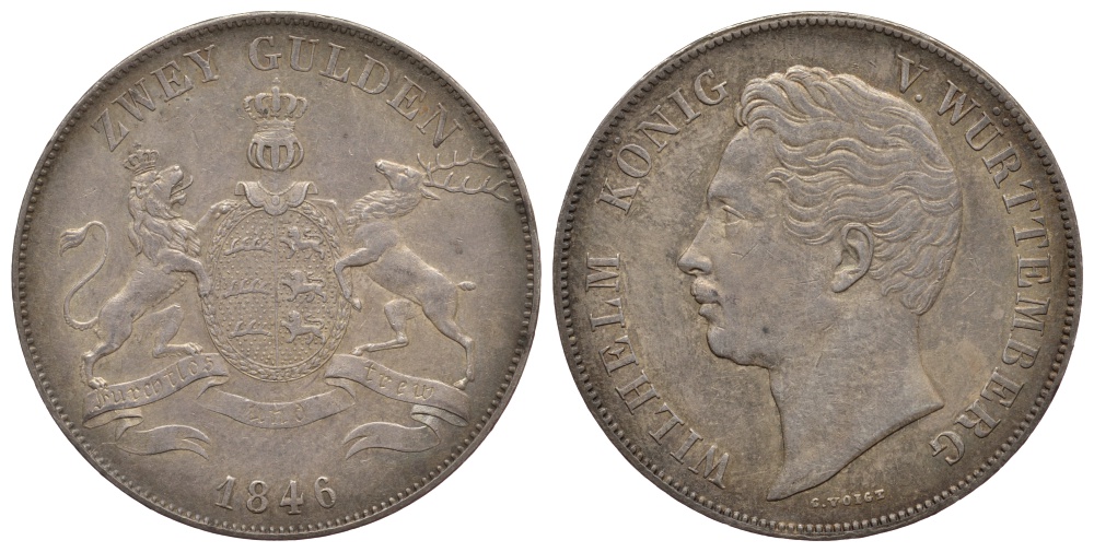 Вюртемберг 2 гульдена 1846 Вильгельм I (1816-1864) KM 595, AKS 76, Jaeger 72, Kahnt 589, Thun 437 серебро 00-822-48