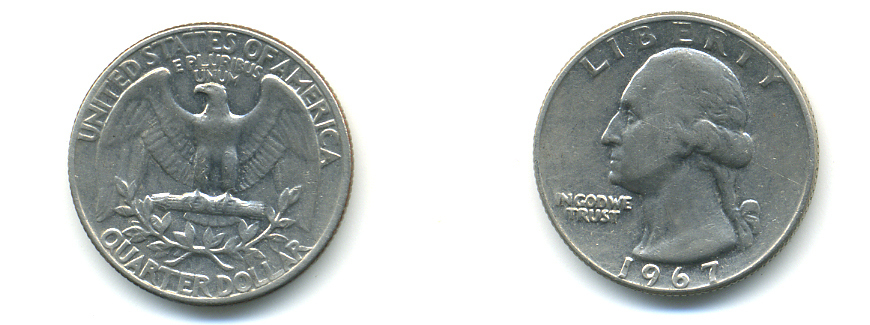 США 25 центов (квотер) 1967 Вашингтон KM 164a медь плакированная медно-никелем 89-412