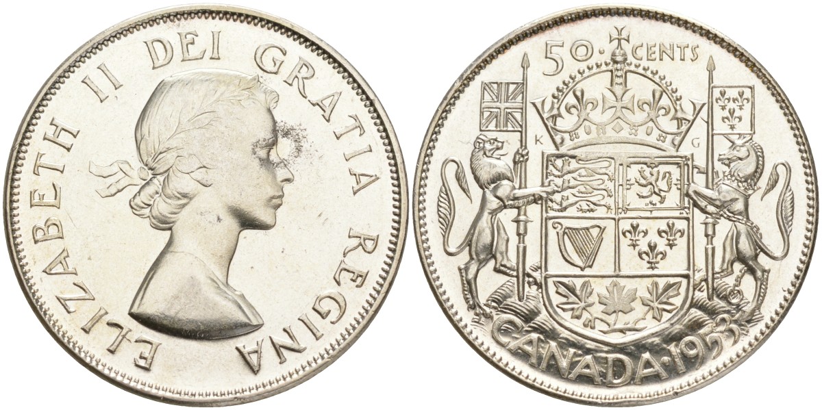 Канада 50 центов 1953 Елизавета II (1952-2022), WITHOUT STRAPS KM 53 серебро 1525-424