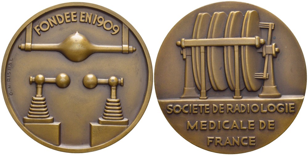 Франция медаль ND рентгенодиагностическое общество Франции основано в 1909 году, медальер G.N. Rispal, диаметр 59 мм.  бронза    1089-4-23