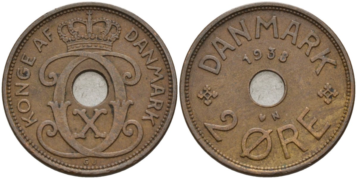 Дания 2 эре 1938 Кристиан X (1912-1947) KM 827 бронза 4147-531