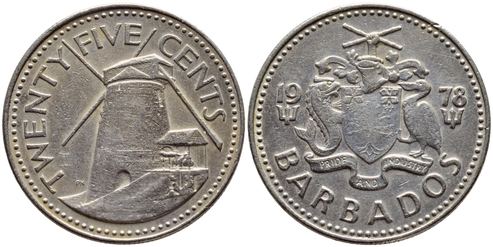 Барбадос 25 центов 1978 ветряная мельница Моргана Льюиса KM 13 медно-никель 4398-351