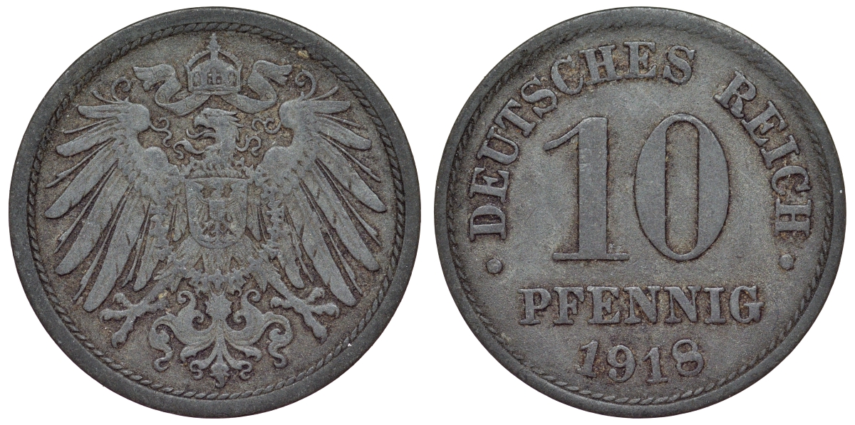 Германия 10 пфеннигов 1918 KM 26, J. 299, Weege 8 цинк 4119-425