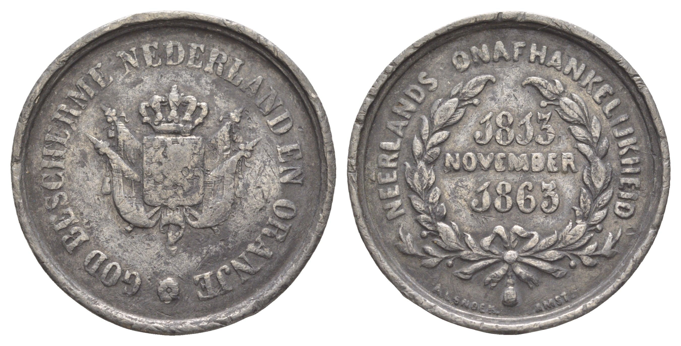 Нидерланды медаль в честь 50-ти летия Битва при Арнеме 1863 диаметр 34 мм, вес 15,9 гр олово 1522-842