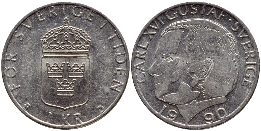 Швеция 1 крона 1990 Карл XVI Густав (1973- ) KM 852a медно-никель 4398-1254