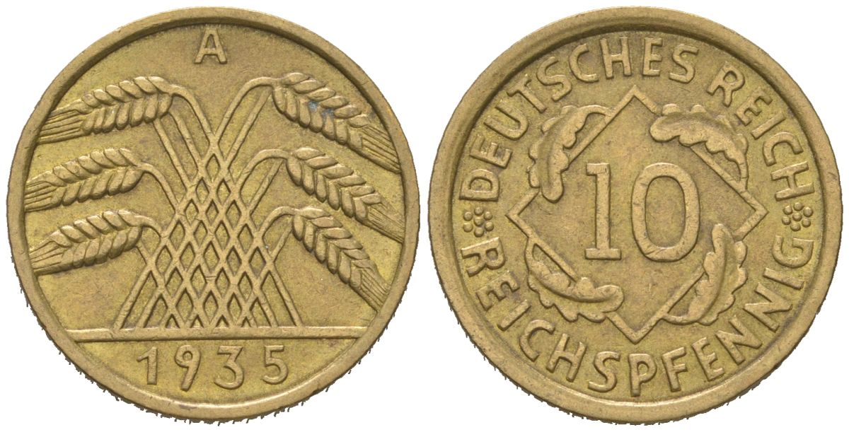 Германия 10 рейхспфеннигов 1935 A KM 40, J. 317 алюминиевая бронза 4115-1057