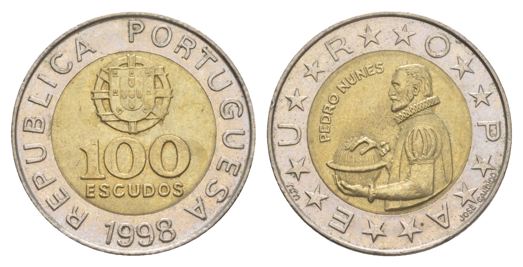 Португалия 100 эскудо 1998 Педру Нуниш (1502-1578), математик KM 645 биметалл aUNC 4391-336