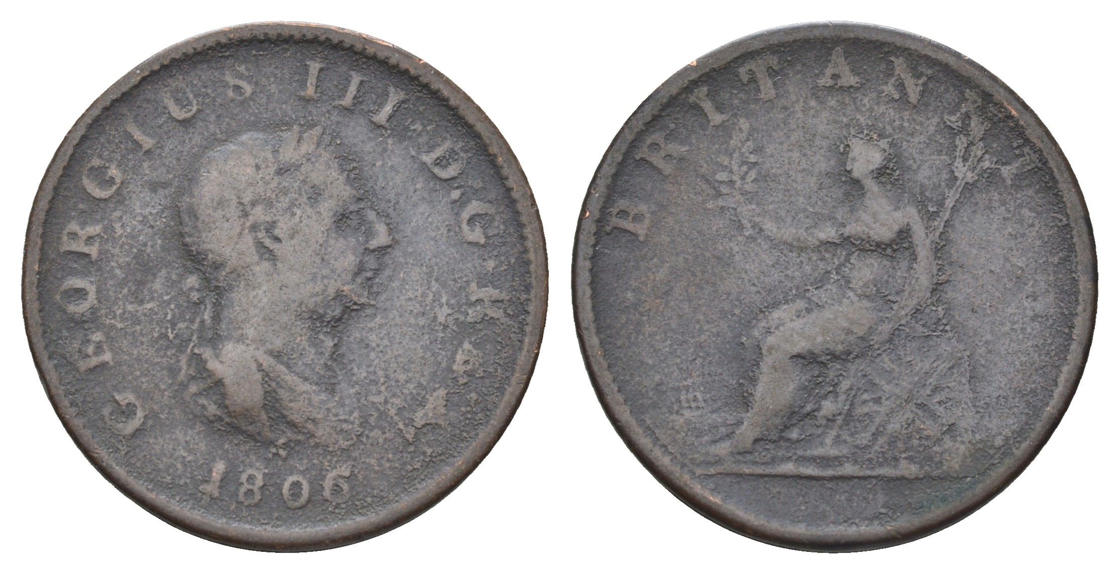 Великобритания 1/2 пенни 1806 Георг III (1760-1820) KM 662, Spink 3781 медь 4662-1023