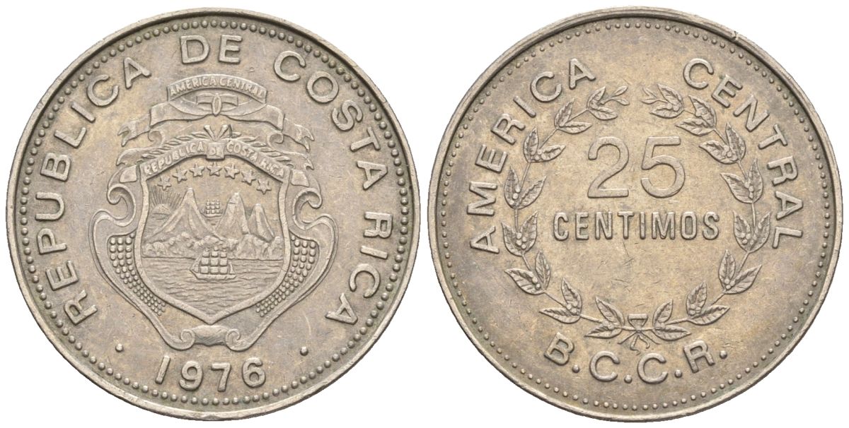 Коста-Рика 25 сентимо 1976 KM 188.1, Schoen 43 медно-никель 4116-912