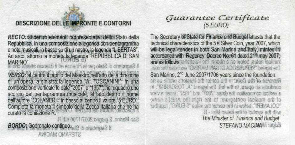 Сан-Марино 5 евро 2007 дирижер Артуро Тосканини, в оригинальной коробке, с сертификатом KM 474 серебро PROOF 2-4-2-11