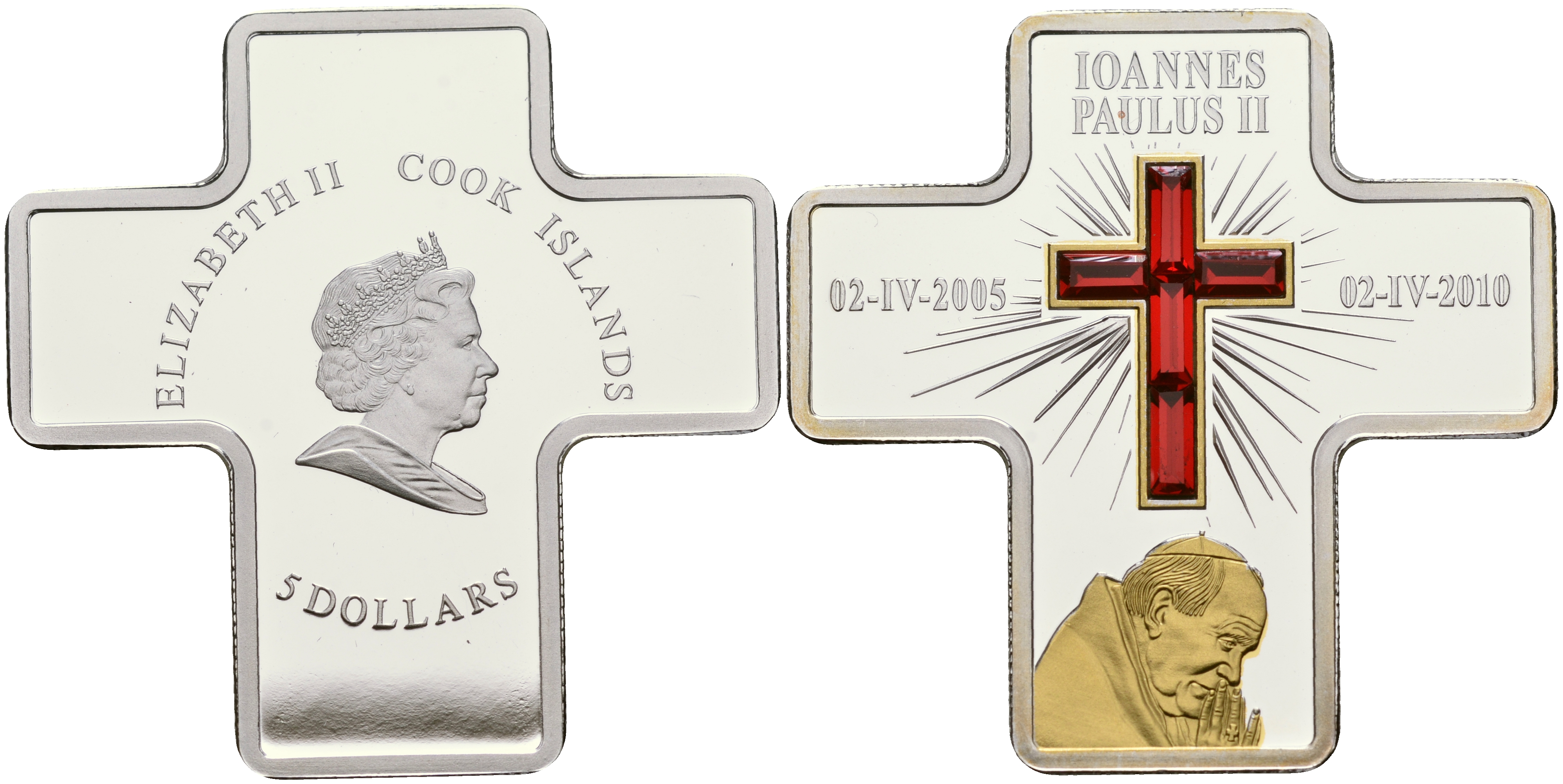 Острова Кука 5 долларов 2010 Иоанн Павел II, молитва, 5 лет со дня смерти, камни, позолота серебро PROOF 1097-4-23
