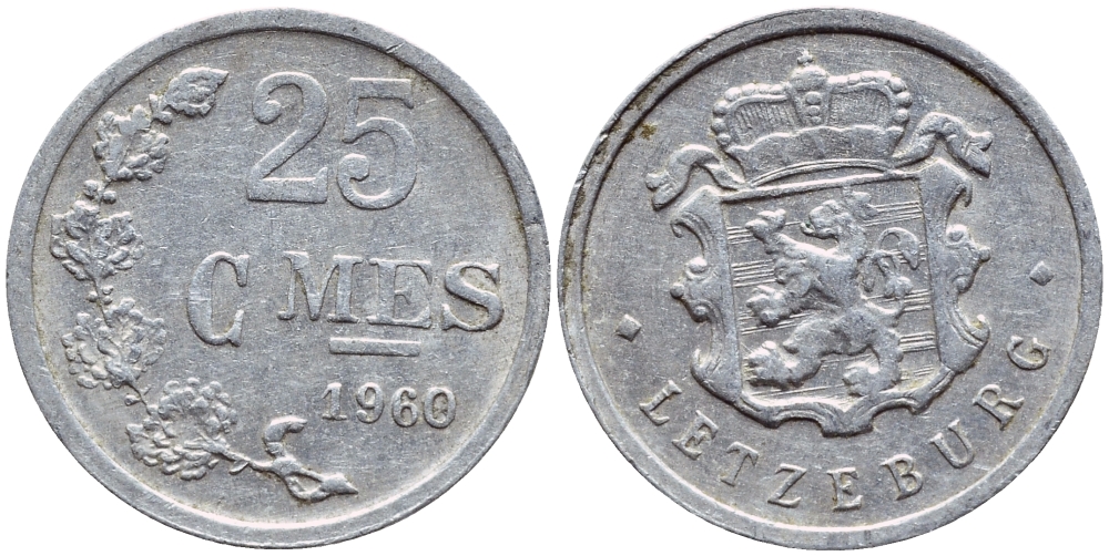 ЛЮКСЕМБУРГ 25 САНТИМОВ 1960 KM 45а.1 алюминий 4398-822