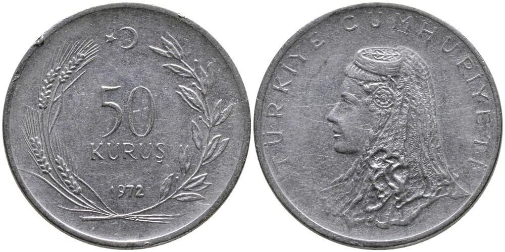 Турция 50 курушей 1972 Анатолийская невеста KM 899 нержавеющая сталь 4541-725