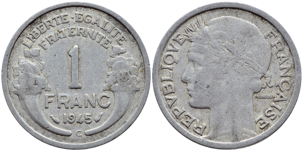 ФРАНЦИЯ 1 ФРАНК 1945 С KM 885а.3 алюминий 4397-651