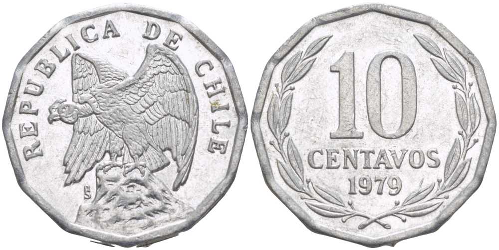 Чили 10 сентаво 1979 KM 205a алюминий 4402-444