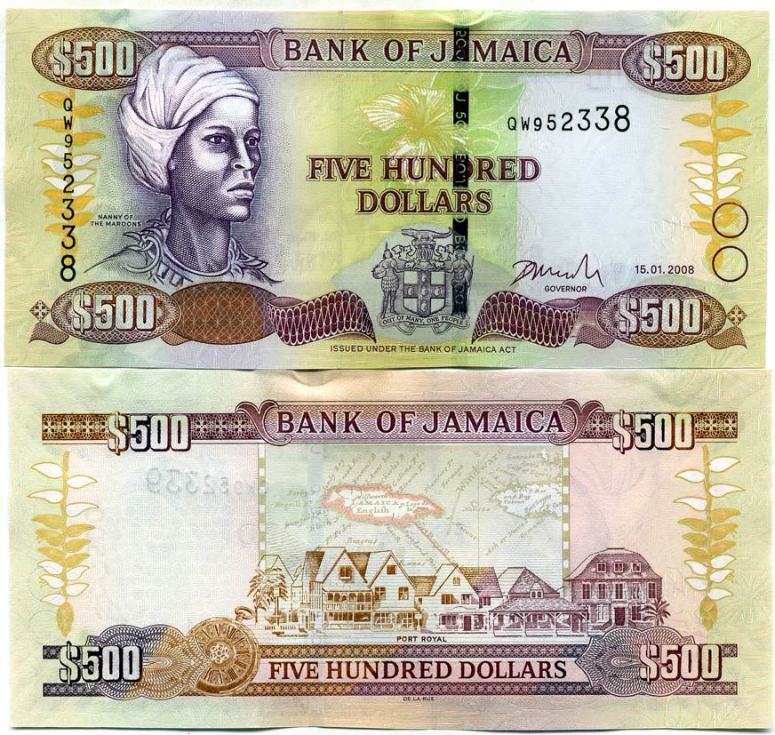 Ямайка 500 долларов 2008 15 января 2008, Кенни (Королева Маронов) Pick 85e бумага UNC (пресс) 447-90-1
