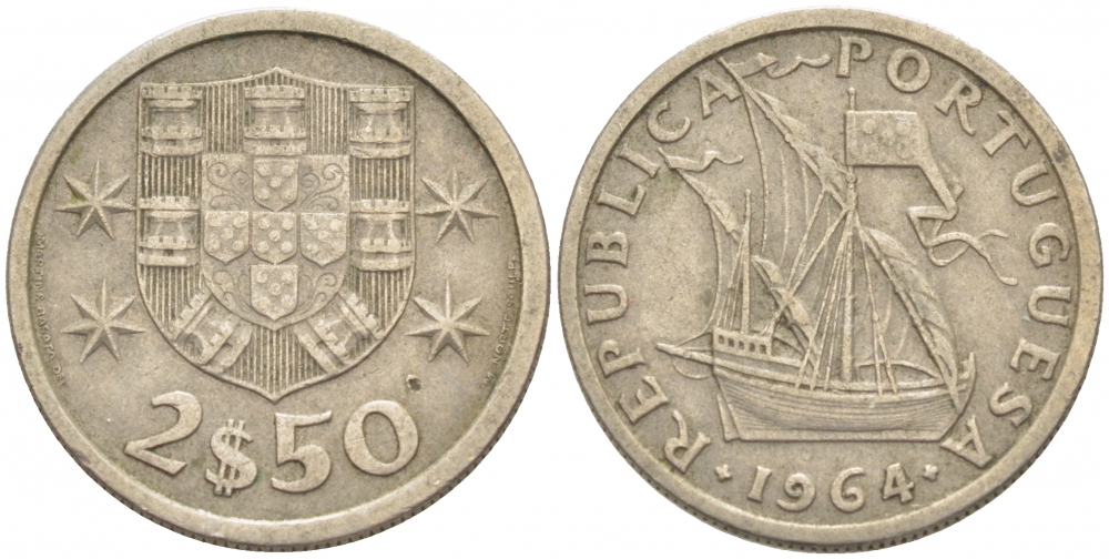 Португалия 2,5 эскудо 1964 парусник KM 590 медно-никель 3718-312
