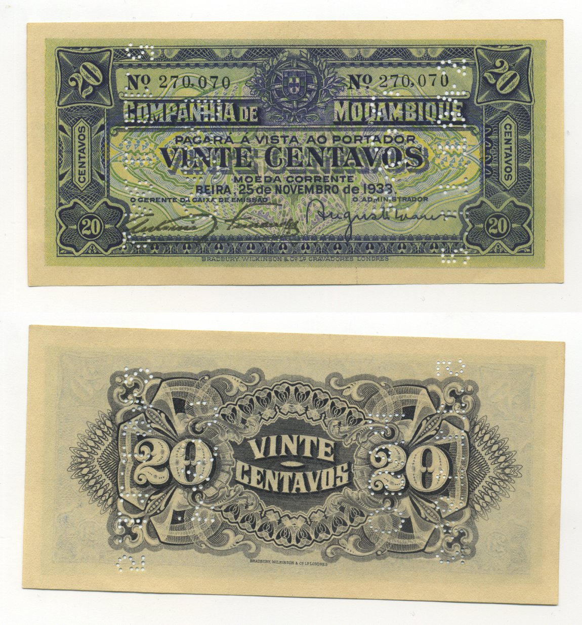 Мозамбик, Португальский 20 сентаво 1933 25 ноября 1933, перфорация PAGO 5.11.1942 Pick R29 бумага 6283-32-1