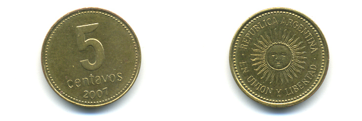 Аргентина 5 сентаво 2007 солнце KM 109 алюминиевая бронза 176-625