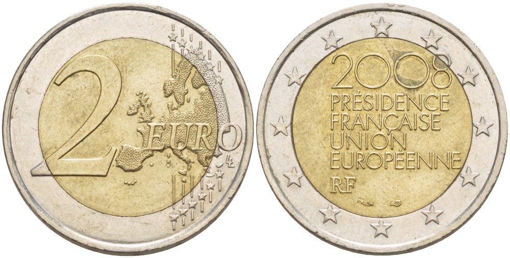 Франция 2 евро 2008 председательство в ЕС KM 1459 биметалл 216-1141