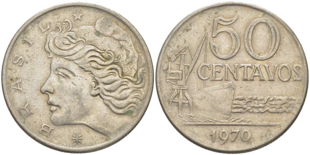 Бразилия 50 сентаво 1970 голова свободы влево KM 580а медно-никель 4529-416