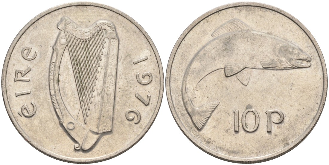 Ирландия 10 пенсов 1976 лосось KM 23 медно-никель 88-735