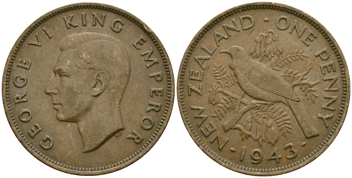 Новая Зеландия 1 пенни 1943 Георг VI (1936-1952), новозеландский туи KM 13 бронза 4165-1222