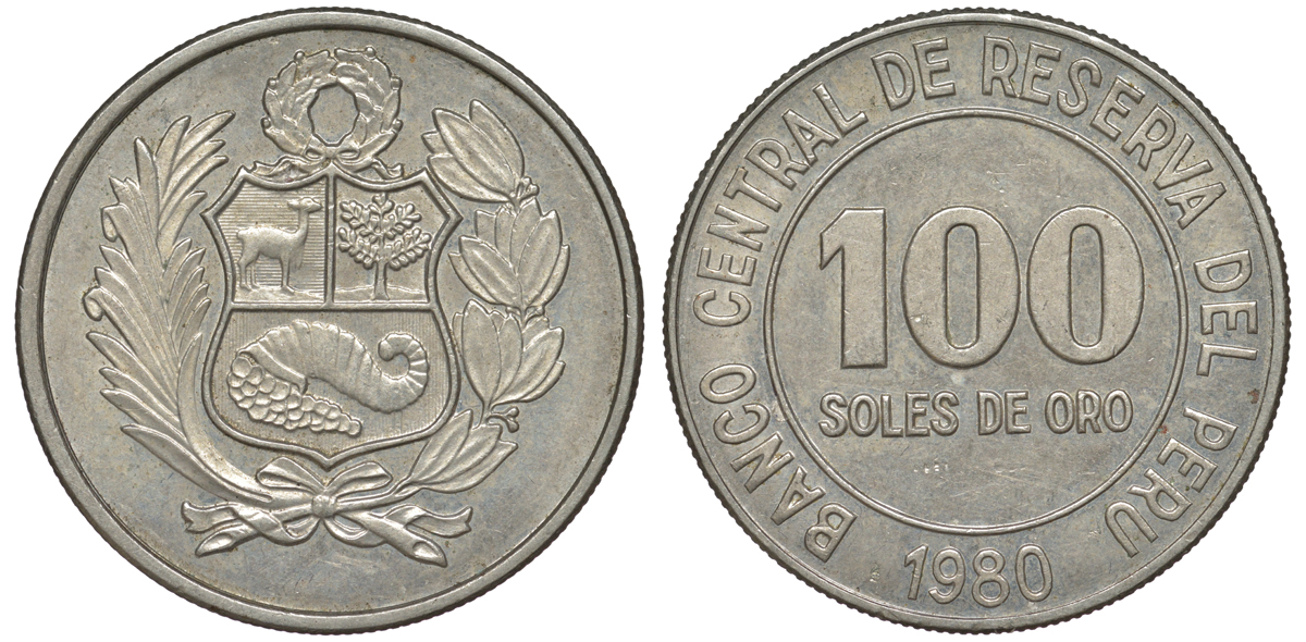 Перу 100 солей 1980 KM 283 медно-никель 4367-642