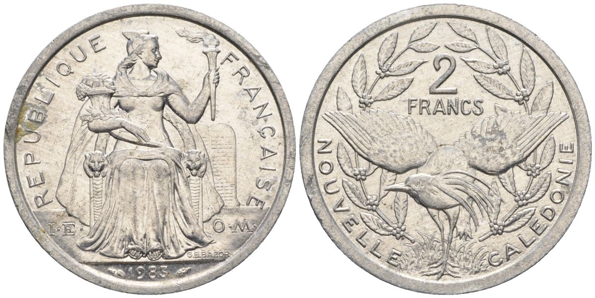 Французская Новая Каледония 2 франка 1983 птица кагу, (IEOM) KM 14, Schoen 11, Lec 63 алюминий    27-1022