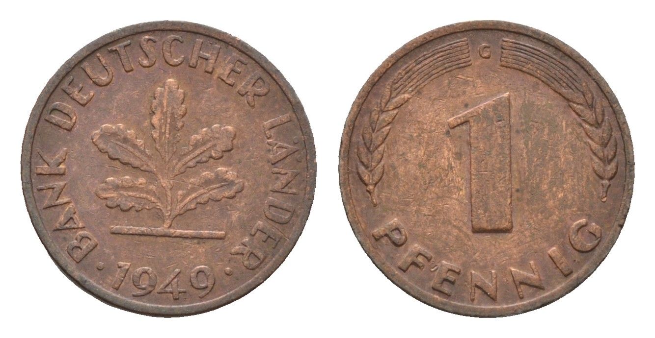 ФРГ 1 пфенниг 1949 G KM A101, J. 376 сталь плакированная медью 4685-348
