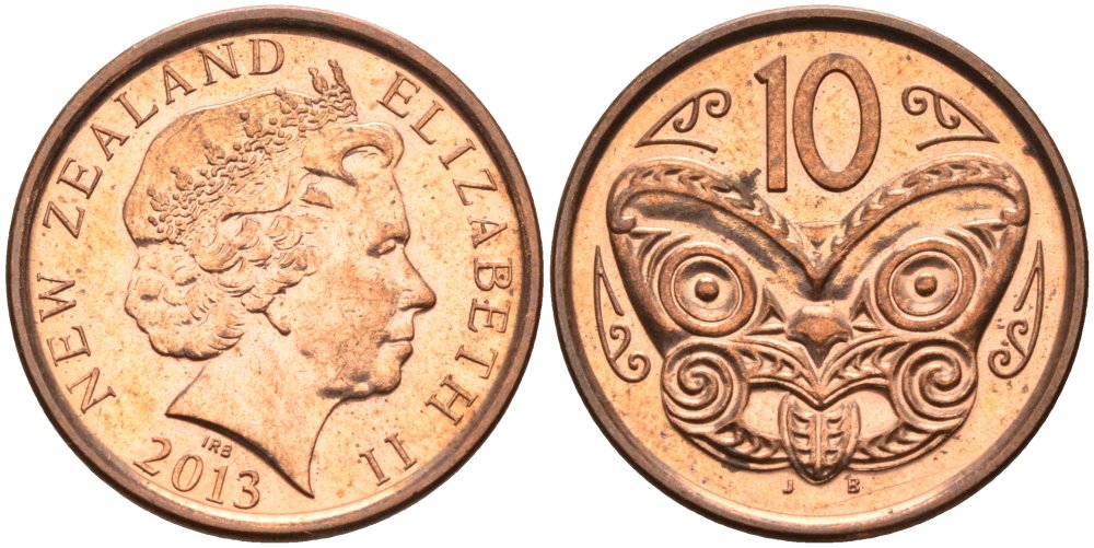 Новая Зеландия 10 центов 2013 маска Маори, Елизавета II (1952-) KM 117а сталь плакированная медью 98-654