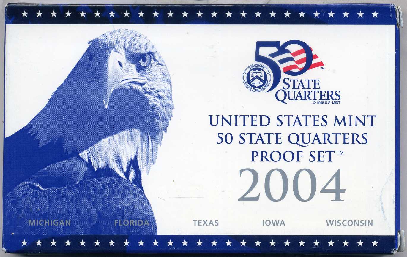 США официальный набор из 5 монет 2004 S, набор из 5 квотеров, штаты США, пластик, в оригинальной коробке с сертификатом PROOF 00-00