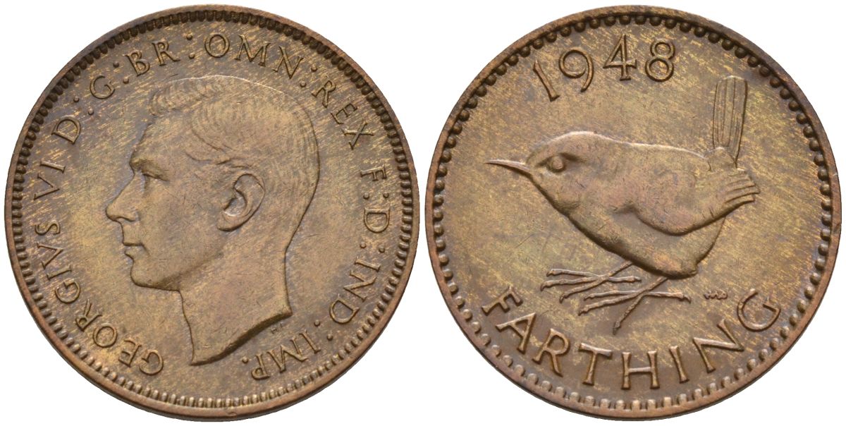 Великобритания 1 фартинг 1948 Георг VI (1936-1952) KM 843, Spink 4116 бронза 4154-263