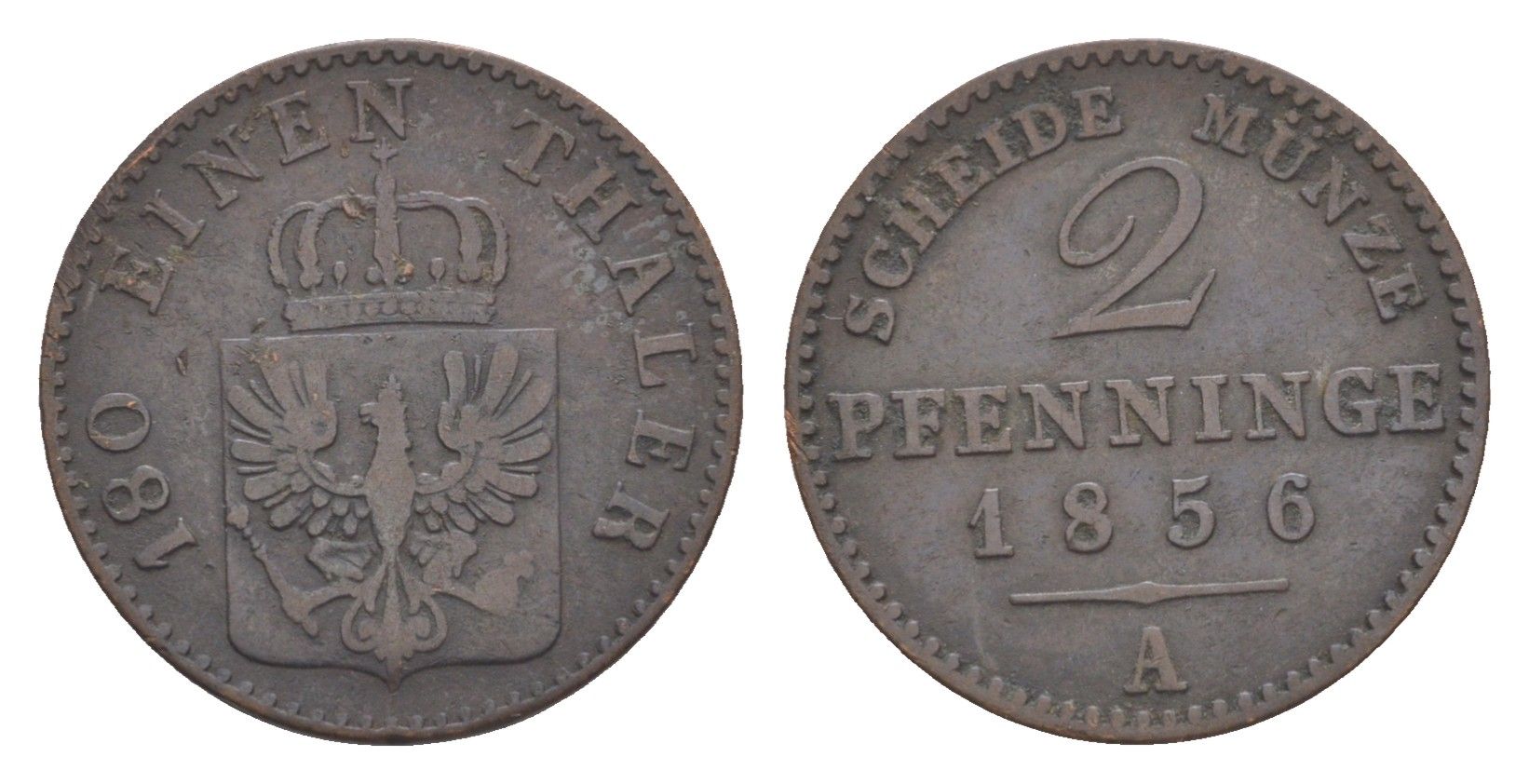 Пруссия 2 пфеннига 1856 A, Фридрих Вильгельм IV (1840-1861) KM 452, Jaeger 51, Olding 336, AKS 91 медь 4651-233